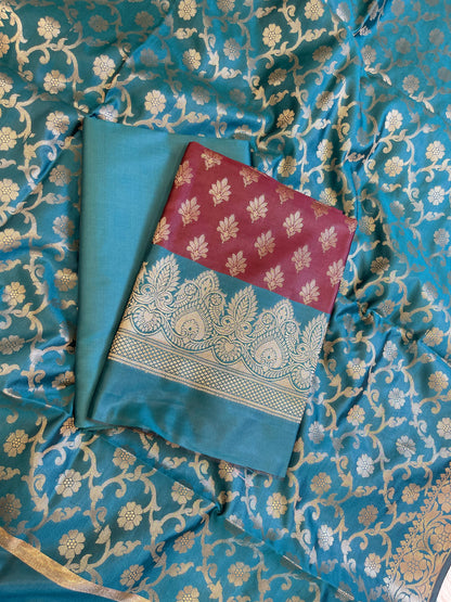 Maroon Art Silk Floral Zari Chunri Booti Contrast Banarasi Suit with Seagreen Dupatta 625AJ_TPT32