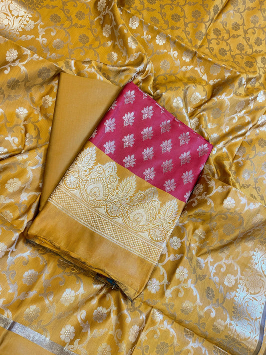 Red Art Silk Floral Zari Chunri Booti Contrast Banarasi Suit with Mustard Dupatta 625AJ_TPT33