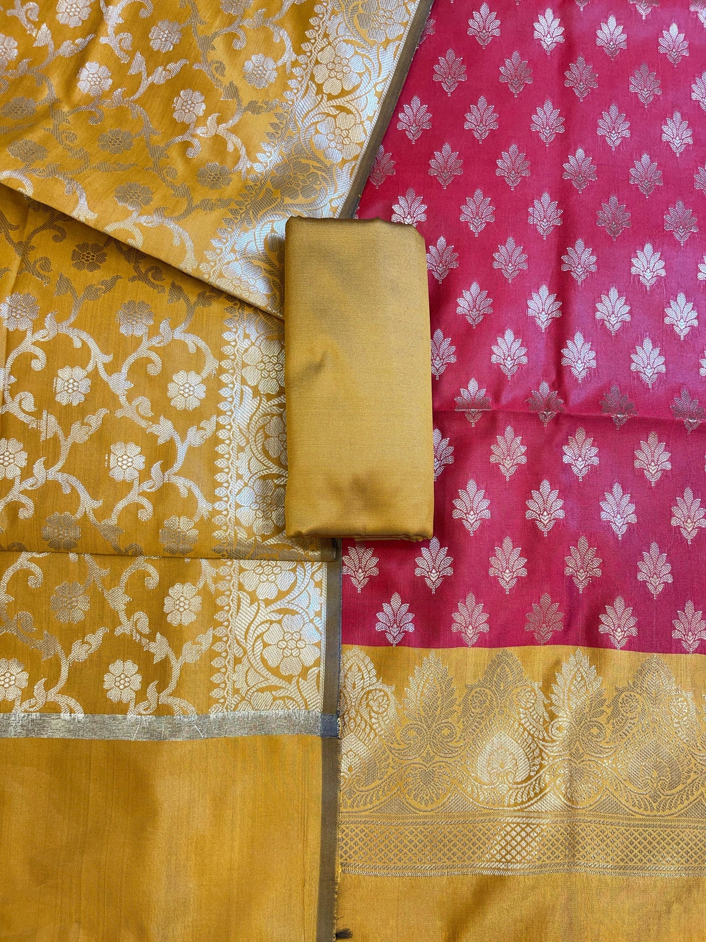 Red Art Silk Floral Zari Chunri Booti Contrast Banarasi Suit with Mustard Dupatta 625AJ_TPT33