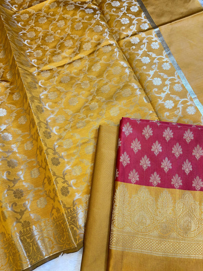 Red Art Silk Floral Zari Chunri Booti Contrast Banarasi Suit with Mustard Dupatta 625AJ_TPT33