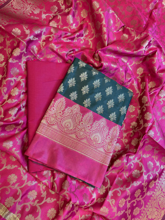 Darkgreen Art Silk Floral Zari Chunri Booti Contrast Banarasi Suit with Magenta Dupatta 625AJ_TPT34