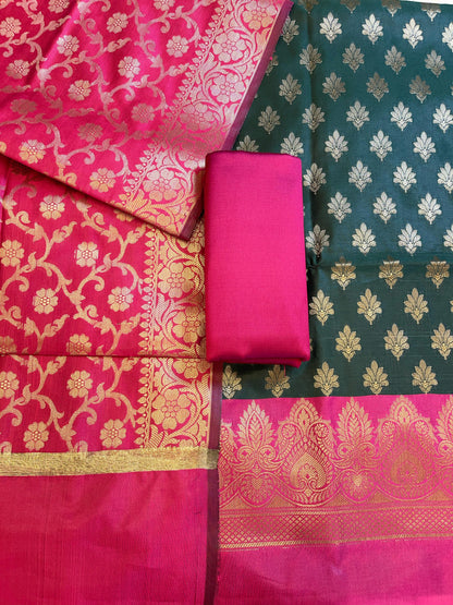 Darkgreen Art Silk Floral Zari Chunri Booti Contrast Banarasi Suit with Magenta Dupatta 625AJ_TPT34