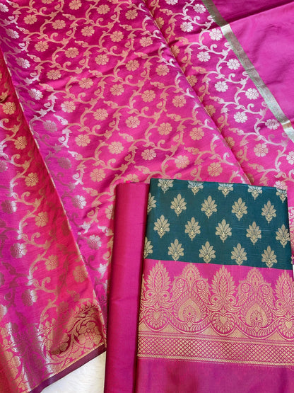 Darkgreen Art Silk Floral Zari Chunri Booti Contrast Banarasi Suit with Magenta Dupatta 625AJ_TPT34