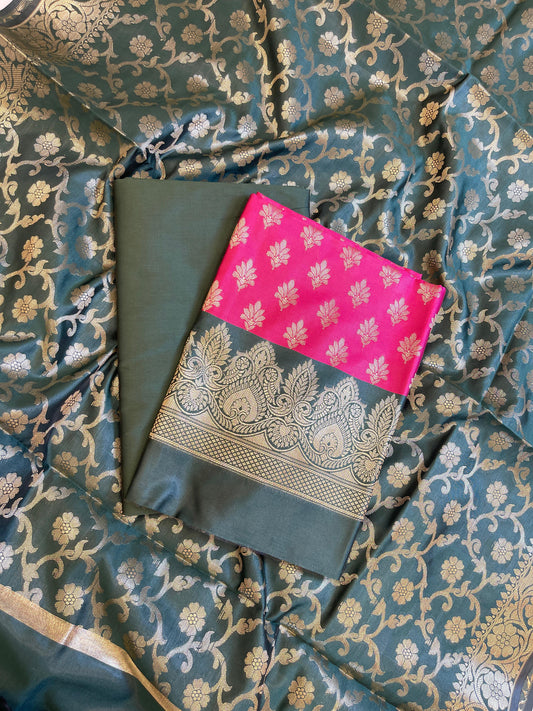 Magenta Art Silk Floral Zari Chunri Booti Contrast Banarasi Suit with Darkgreen Dupatta 625AJ_TPT35