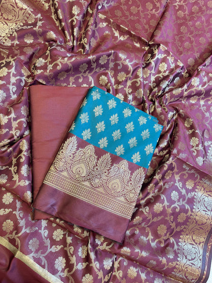 Seagreen Art Silk Floral Zari Chunri Booti Contrast Banarasi Suit with Maroon Dupatta 625AJ_TPT36