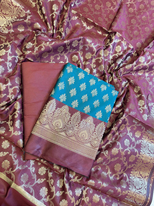 Seagreen Art Silk Floral Zari Chunri Booti Contrast Banarasi Suit with Maroon Dupatta 625AJ_TPT36