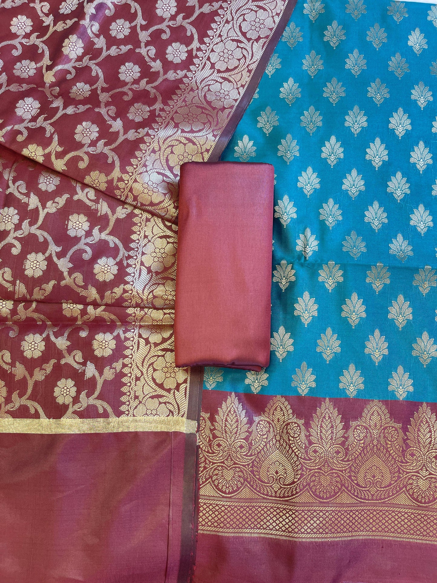 Seagreen Art Silk Floral Zari Chunri Booti Contrast Banarasi Suit with Maroon Dupatta 625AJ_TPT36