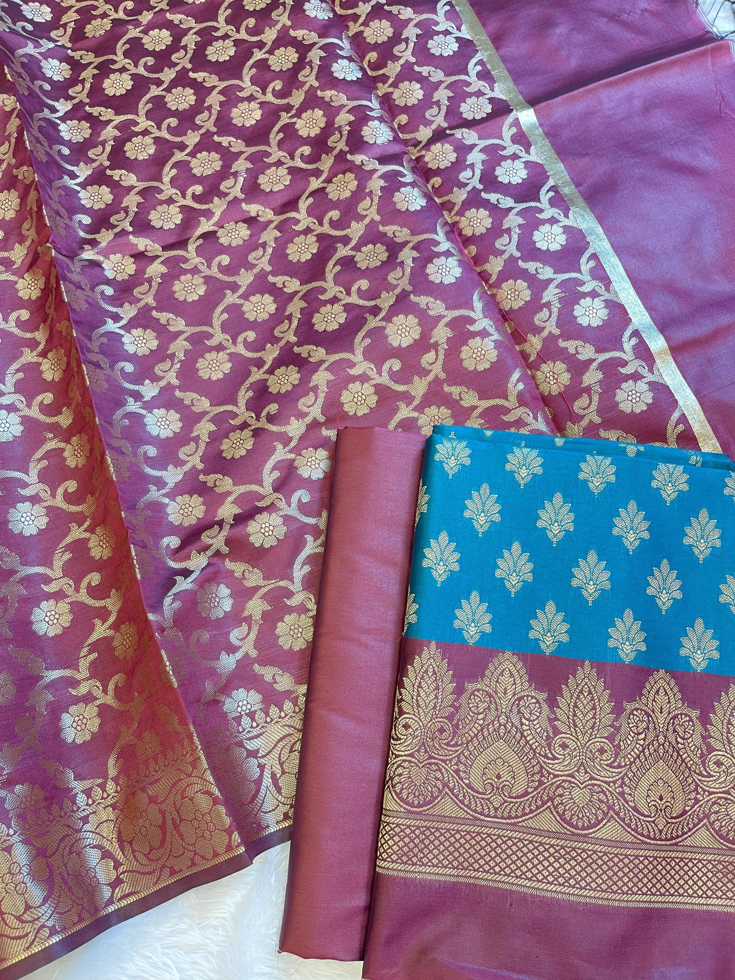 Seagreen Art Silk Floral Zari Chunri Booti Contrast Banarasi Suit with Maroon Dupatta 625AJ_TPT36