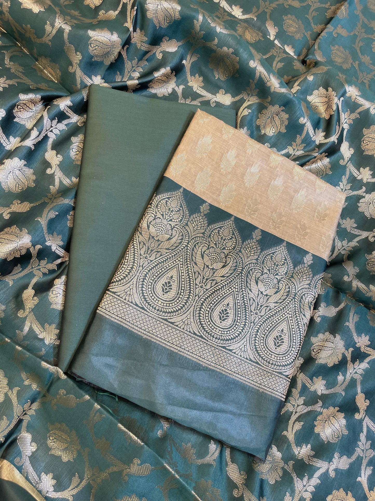Beige Art Silk Floral Zari Booti Contrast Banarasi Suit with Darkgreen Dupatta 625AJ_TPT56