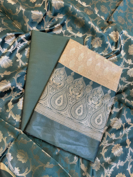Beige Art Silk Floral Zari Booti Contrast Banarasi Suit with Darkgreen Dupatta 625AJ_TPT56