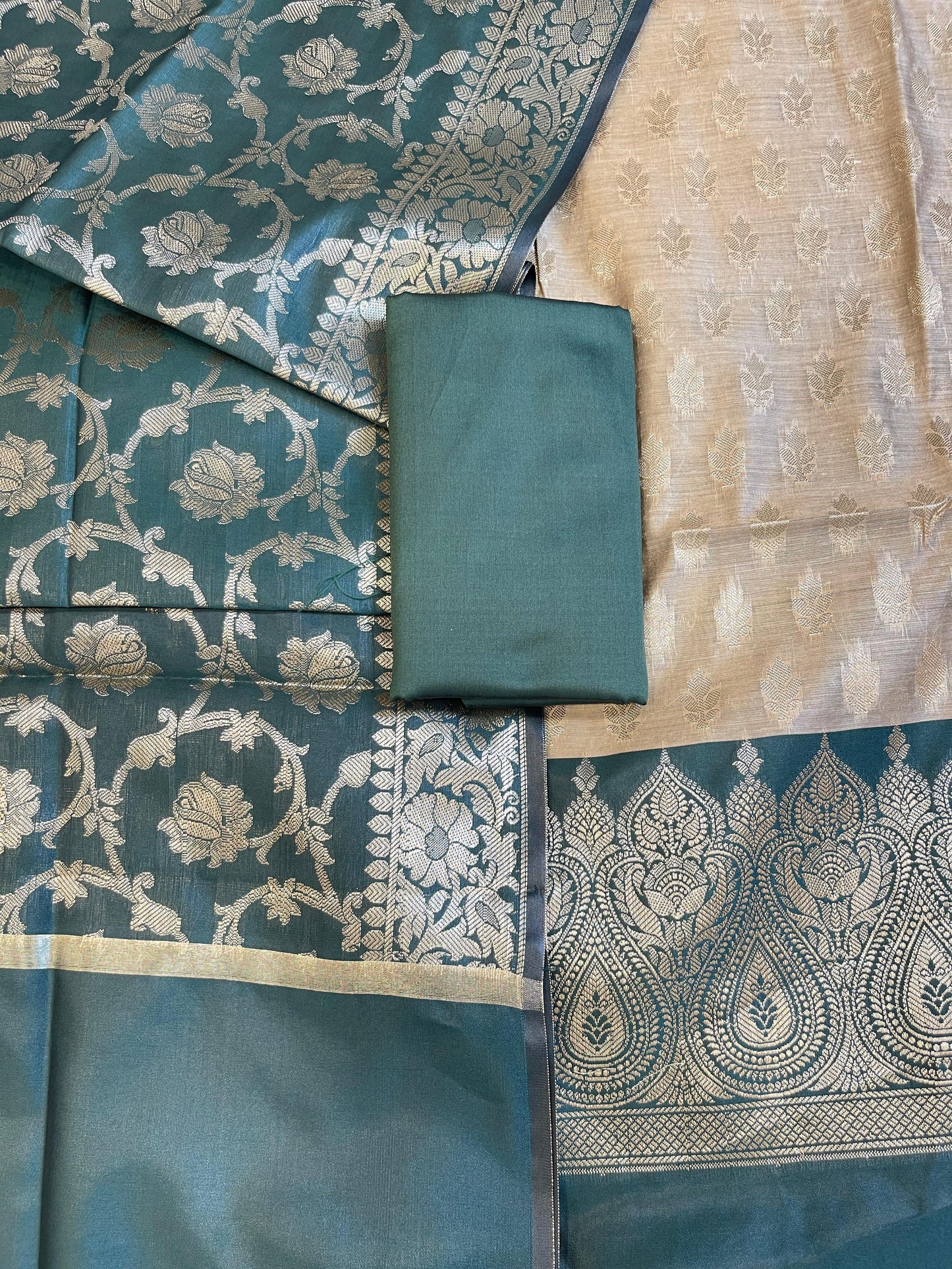 Beige Art Silk Floral Zari Booti Contrast Banarasi Suit with Darkgreen Dupatta 625AJ_TPT56