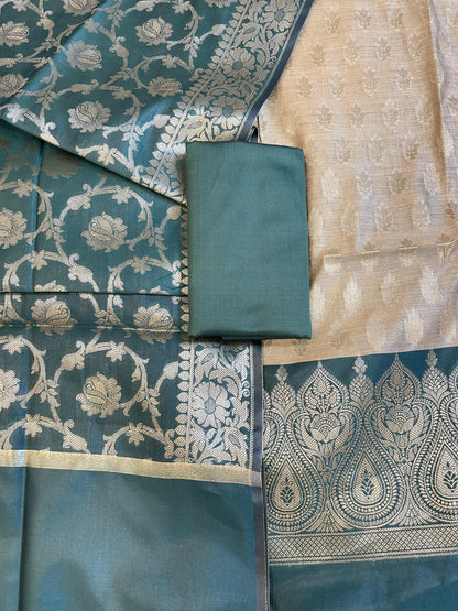 Beige Art Silk Floral Zari Booti Contrast Banarasi Suit with Darkgreen Dupatta 625AJ_TPT56