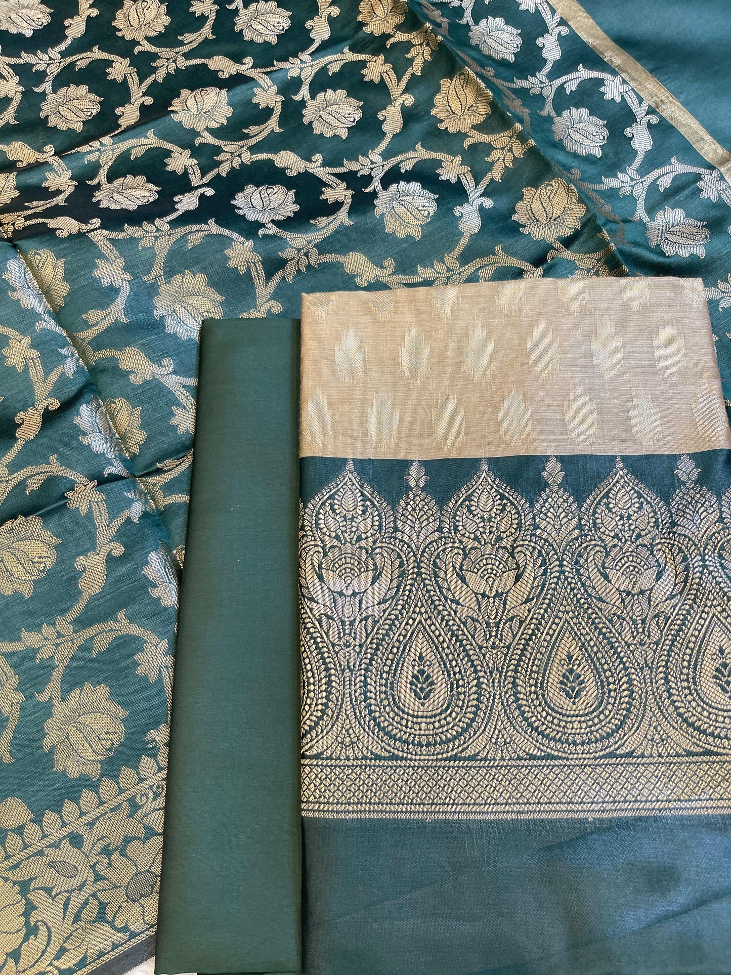 Beige Art Silk Floral Zari Booti Contrast Banarasi Suit with Darkgreen Dupatta 625AJ_TPT56