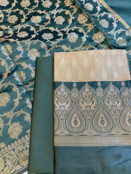 Beige Art Silk Floral Zari Booti Contrast Banarasi Suit with Darkgreen Dupatta 625AJ_TPT56