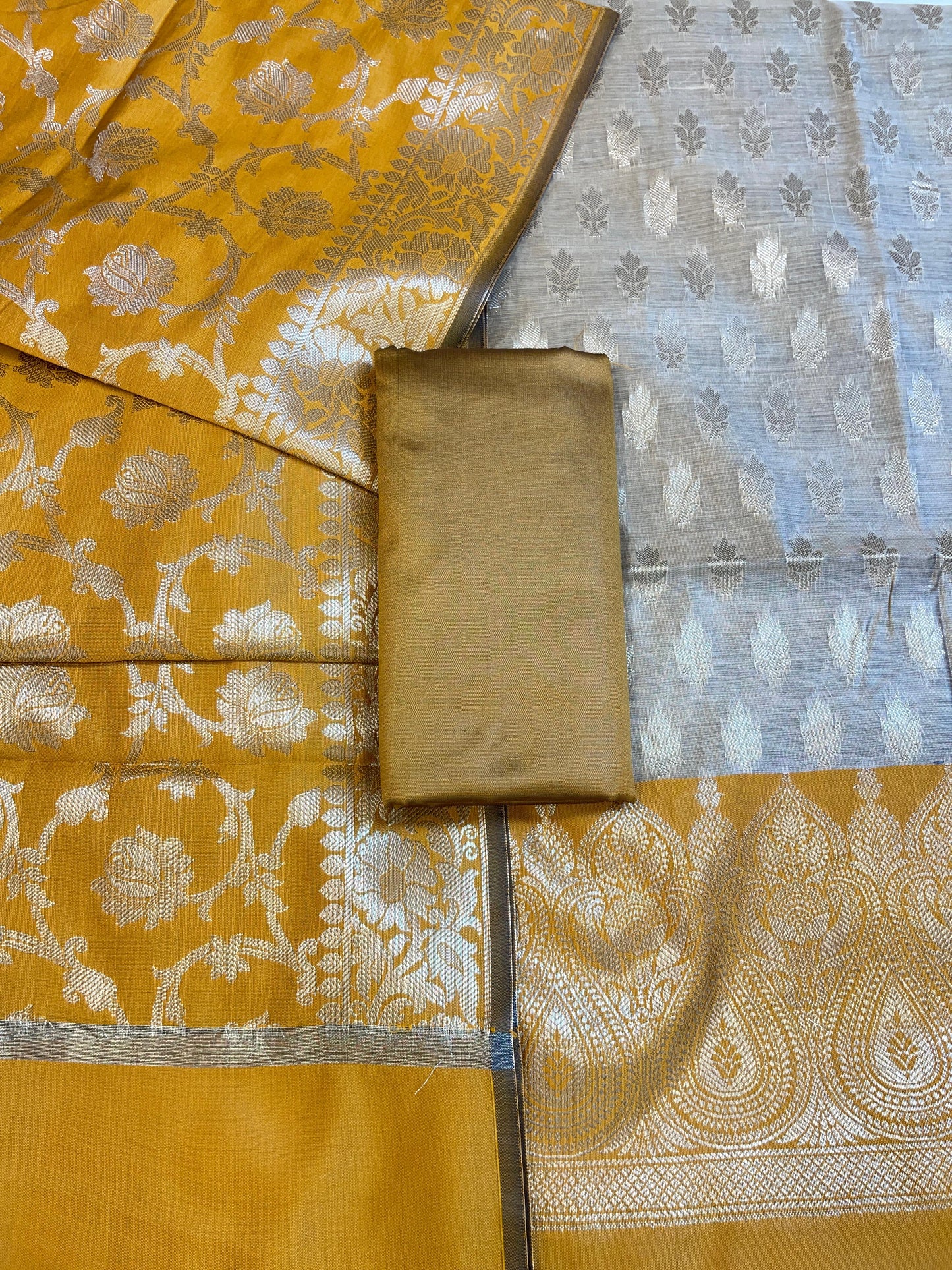 Beige Art Silk Floral Zari Booti Contrast Banarasi Suit with Mustard Yellow Dupatta 625AJ_TPT57
