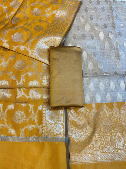 Beige Art Silk Floral Zari Booti Contrast Banarasi Suit with Mustard Yellow Dupatta 625AJ_TPT57