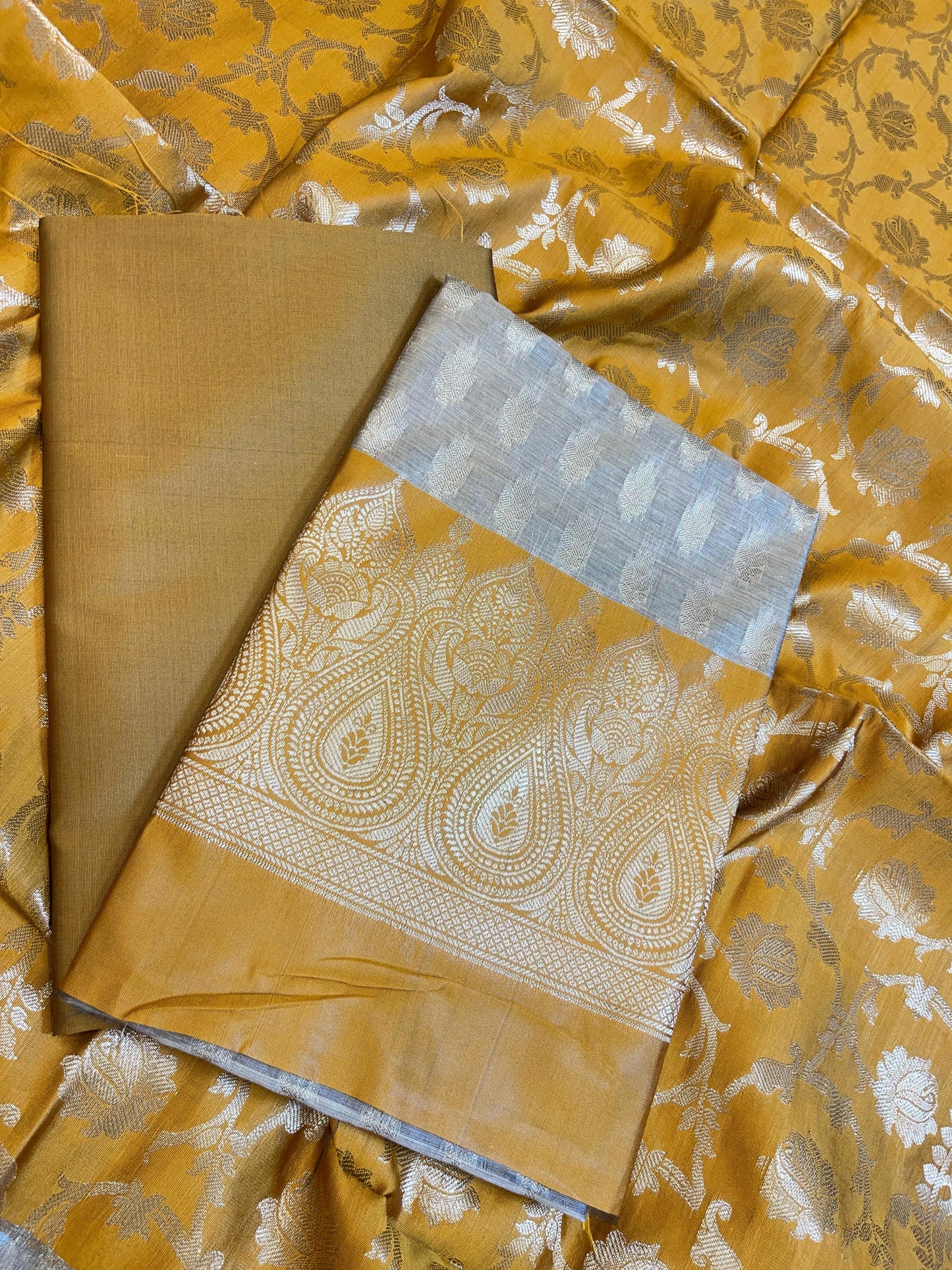 Beige Art Silk Floral Zari Booti Contrast Banarasi Suit with Mustard Yellow Dupatta 625AJ_TPT57