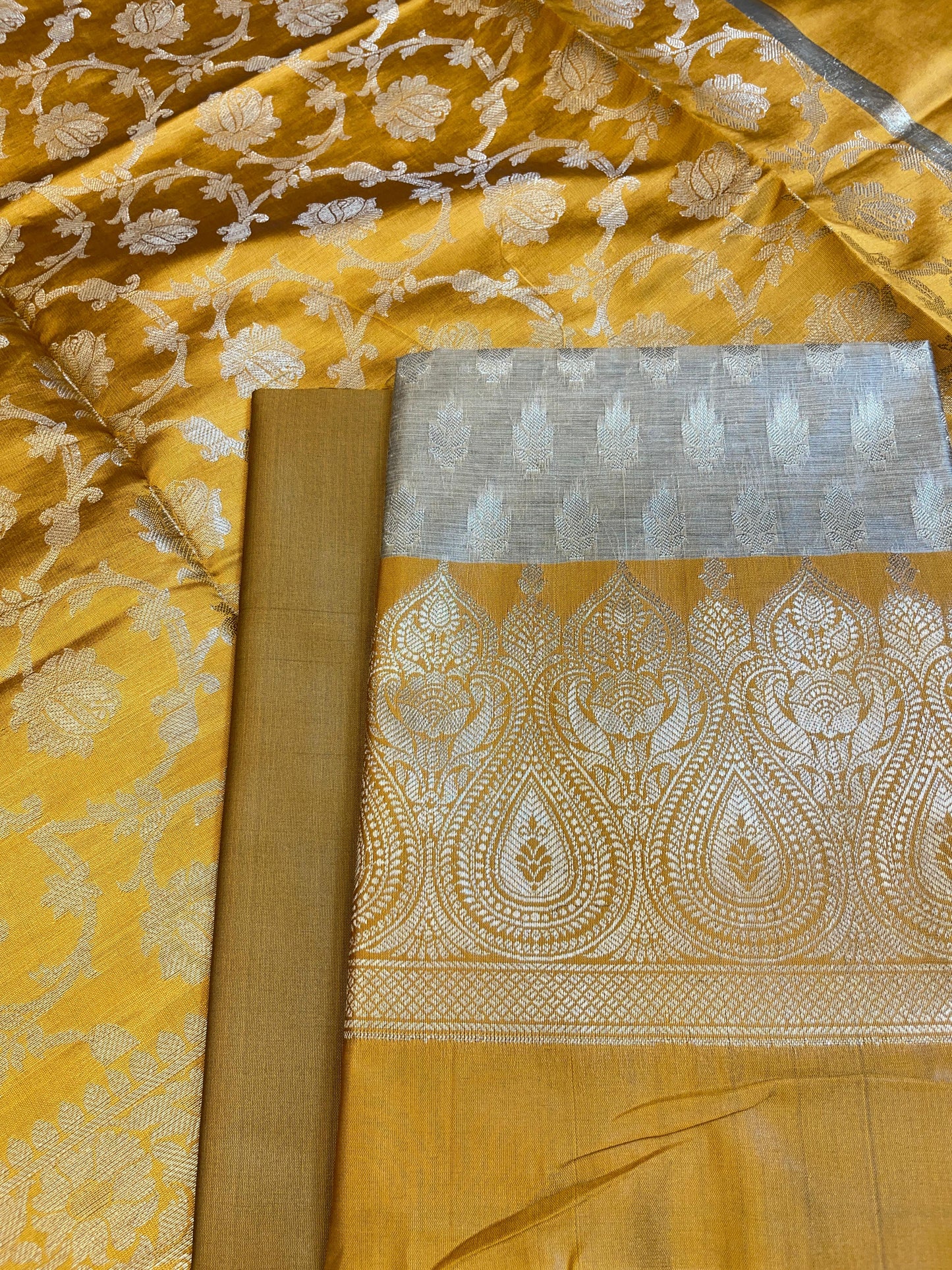 Beige Art Silk Floral Zari Booti Contrast Banarasi Suit with Mustard Yellow Dupatta 625AJ_TPT57
