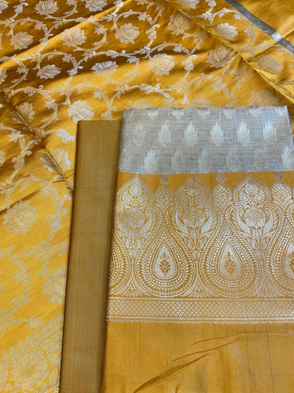 Beige Art Silk Floral Zari Booti Contrast Banarasi Suit with Mustard Yellow Dupatta 625AJ_TPT57