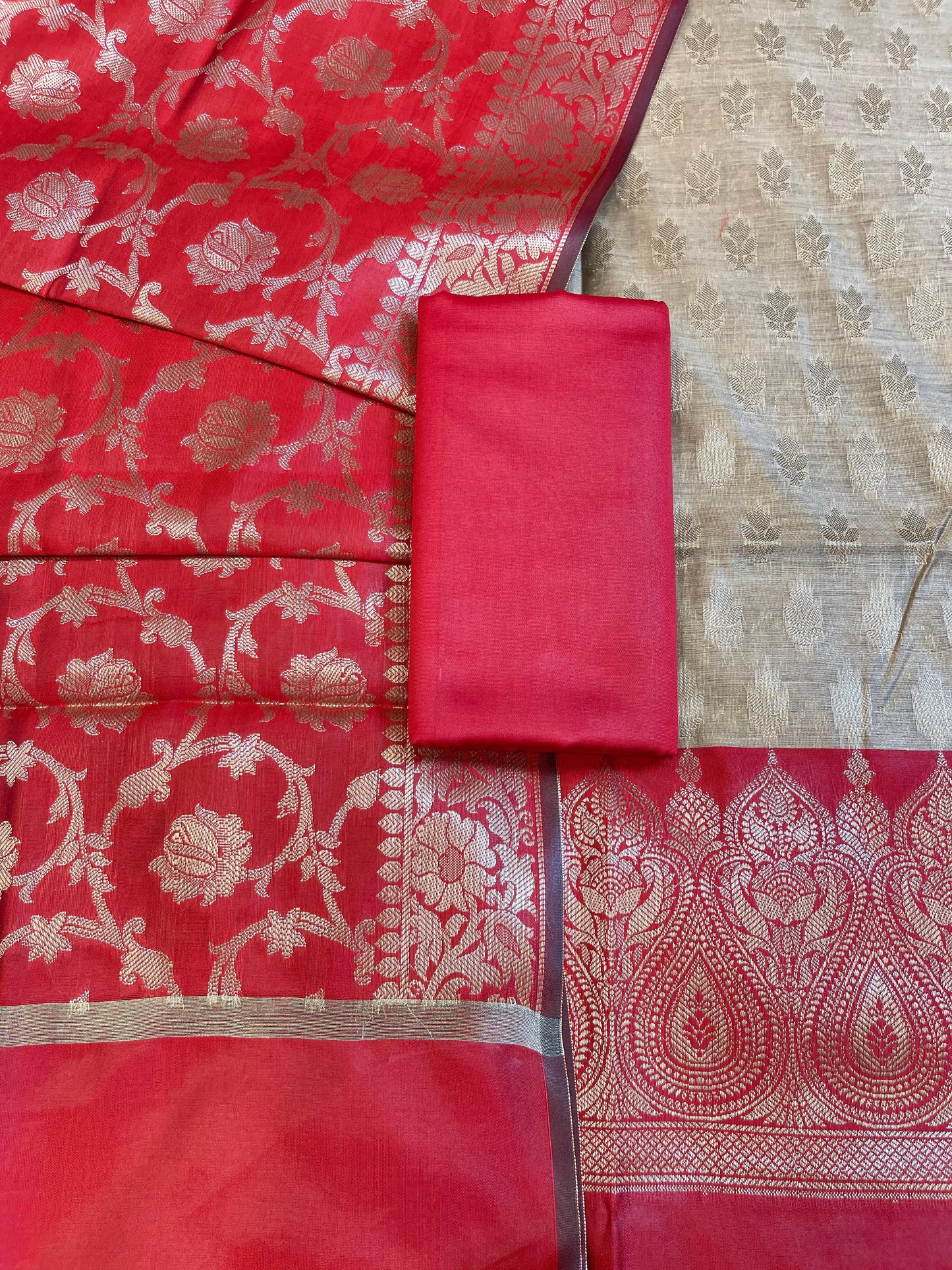Beige Art Silk Floral Zari Booti Contrast Banarasi Suit with Red Dupatta 625AJ_TPT58