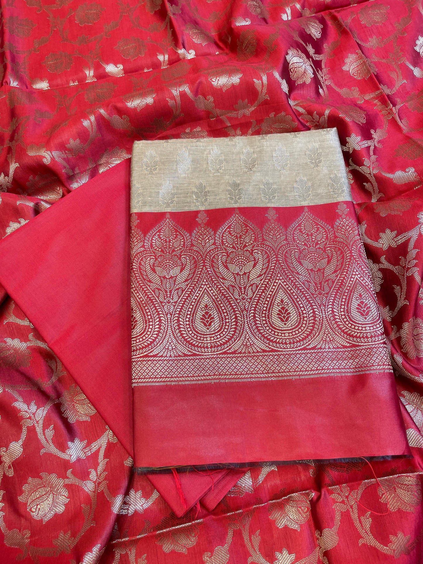Beige Art Silk Floral Zari Booti Contrast Banarasi Suit with Red Dupatta 625AJ_TPT58