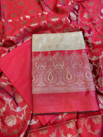 Beige Art Silk Floral Zari Booti Contrast Banarasi Suit with Red Dupatta 625AJ_TPT58