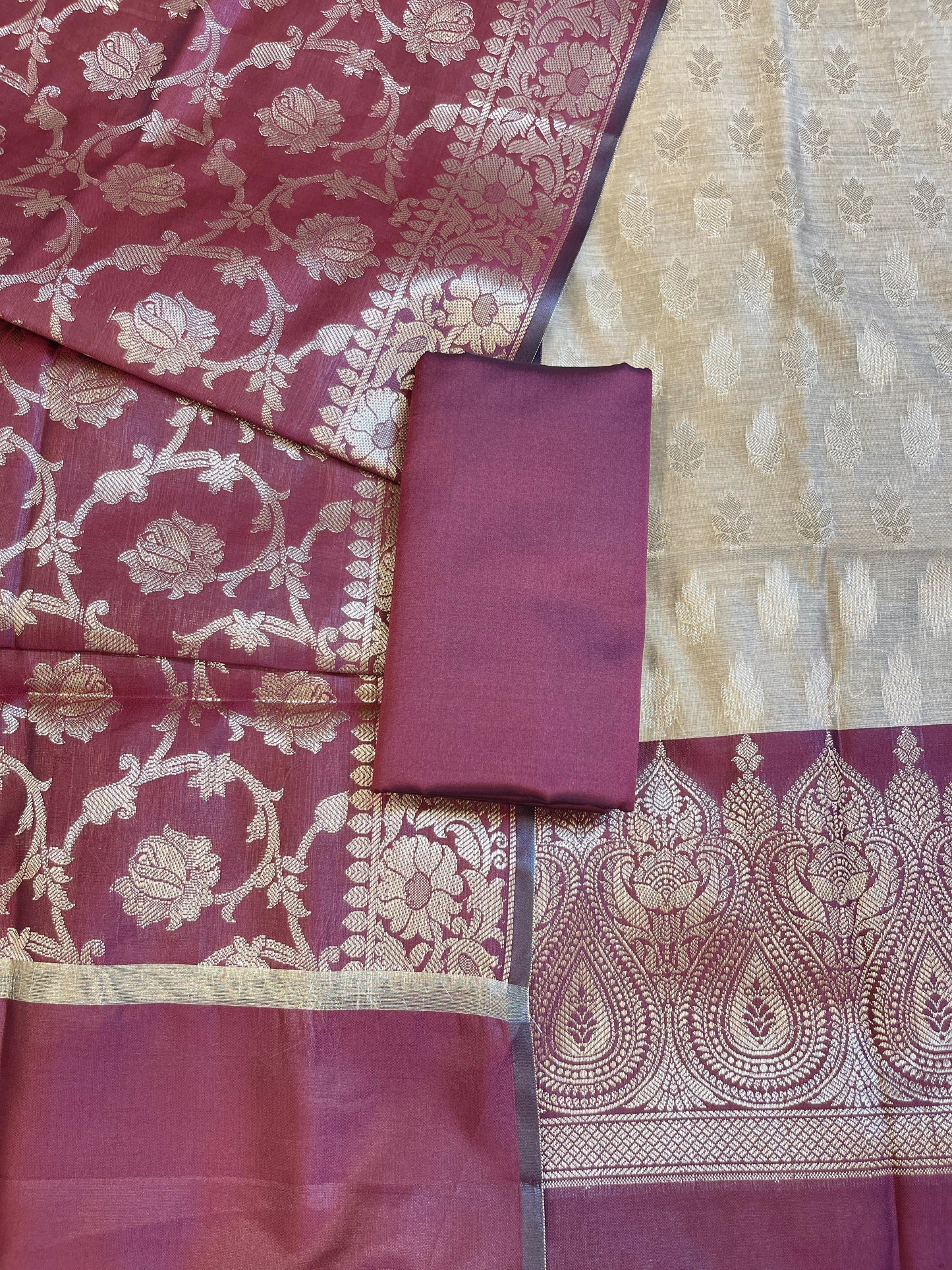 Beige Art Silk Floral Zari Booti Contrast Banarasi Suit with Maroon Dupatta 625AJ_TPT59