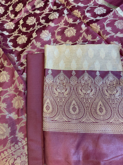 Beige Art Silk Floral Zari Booti Contrast Banarasi Suit with Maroon Dupatta 625AJ_TPT59
