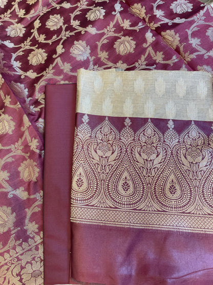 Beige Art Silk Floral Zari Booti Contrast Banarasi Suit with Maroon Dupatta 625AJ_TPT59