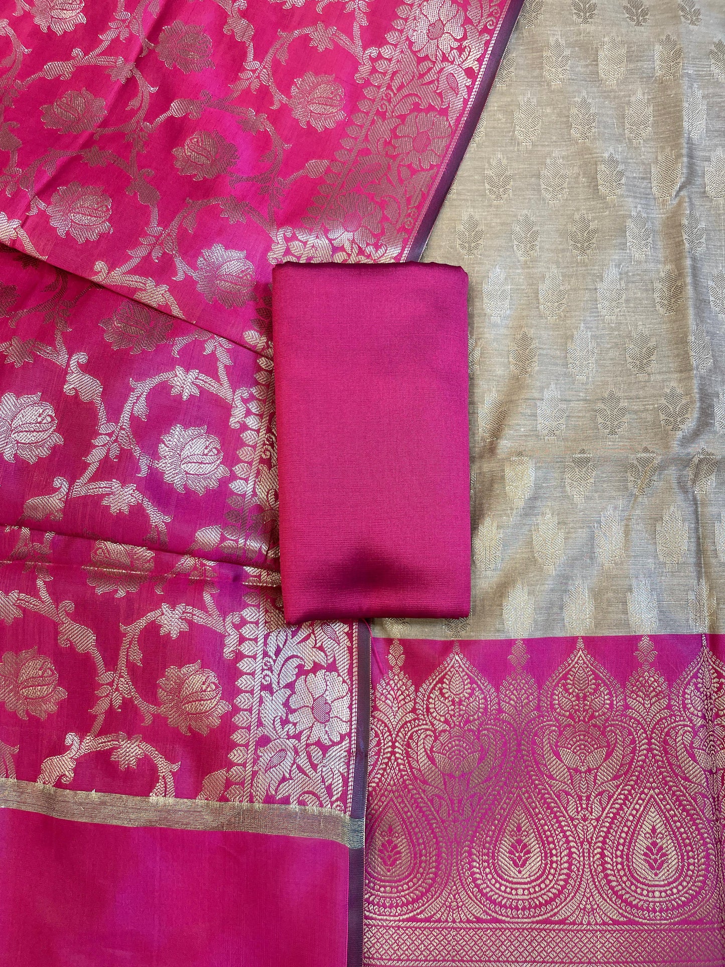Beige Art Silk Floral Zari Booti Contrast Banarasi Suit with Magenta Dupatta 625AJ_TPT60