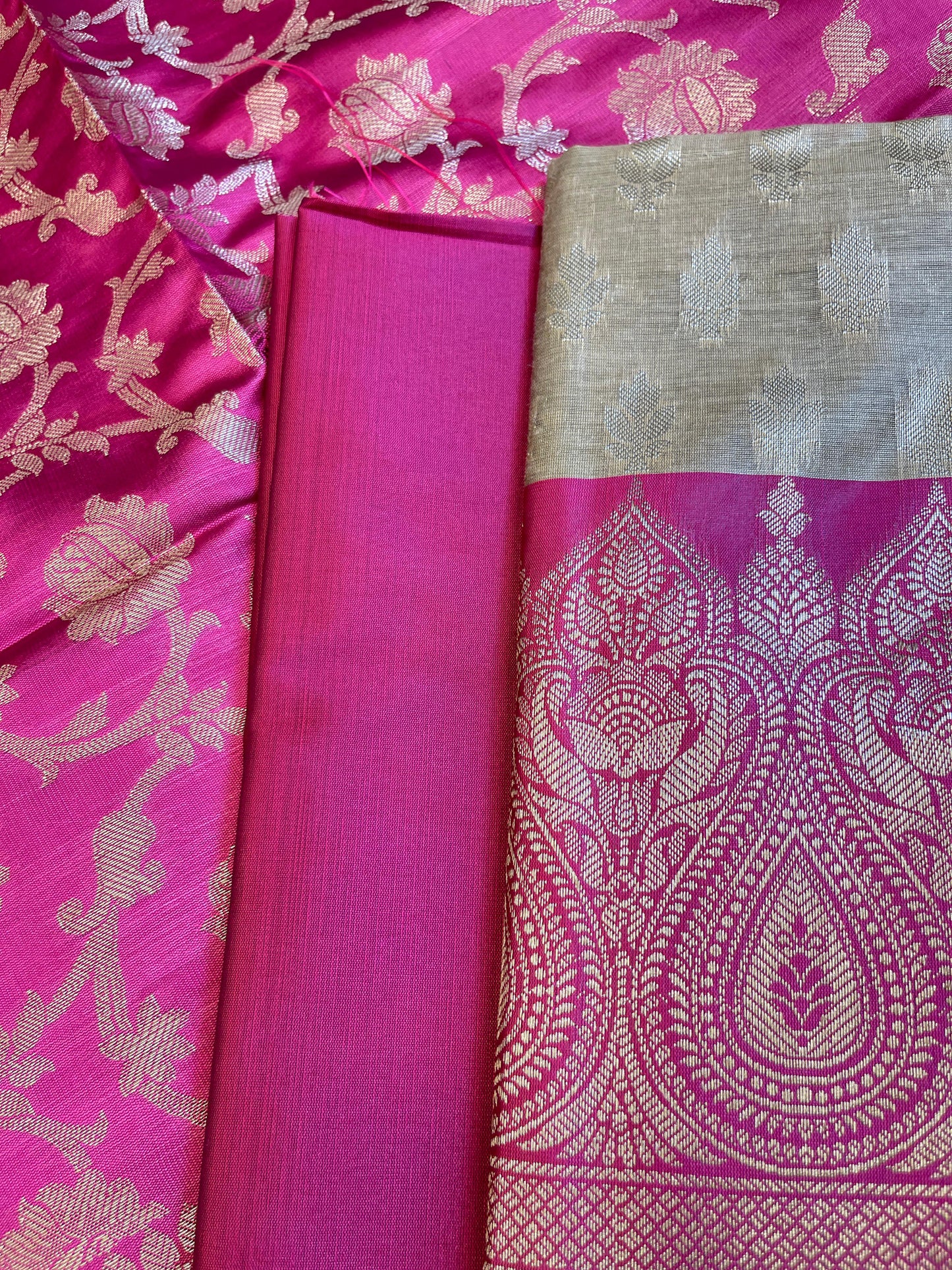 Beige Art Silk Floral Zari Booti Contrast Banarasi Suit with Magenta Dupatta 625AJ_TPT60