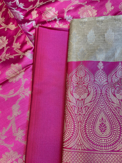 Beige Art Silk Floral Zari Booti Contrast Banarasi Suit with Magenta Dupatta 625AJ_TPT60