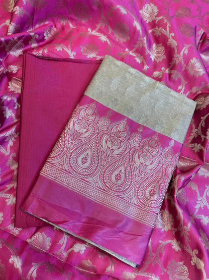 Beige Art Silk Floral Zari Booti Contrast Banarasi Suit with Magenta Dupatta 625AJ_TPT60