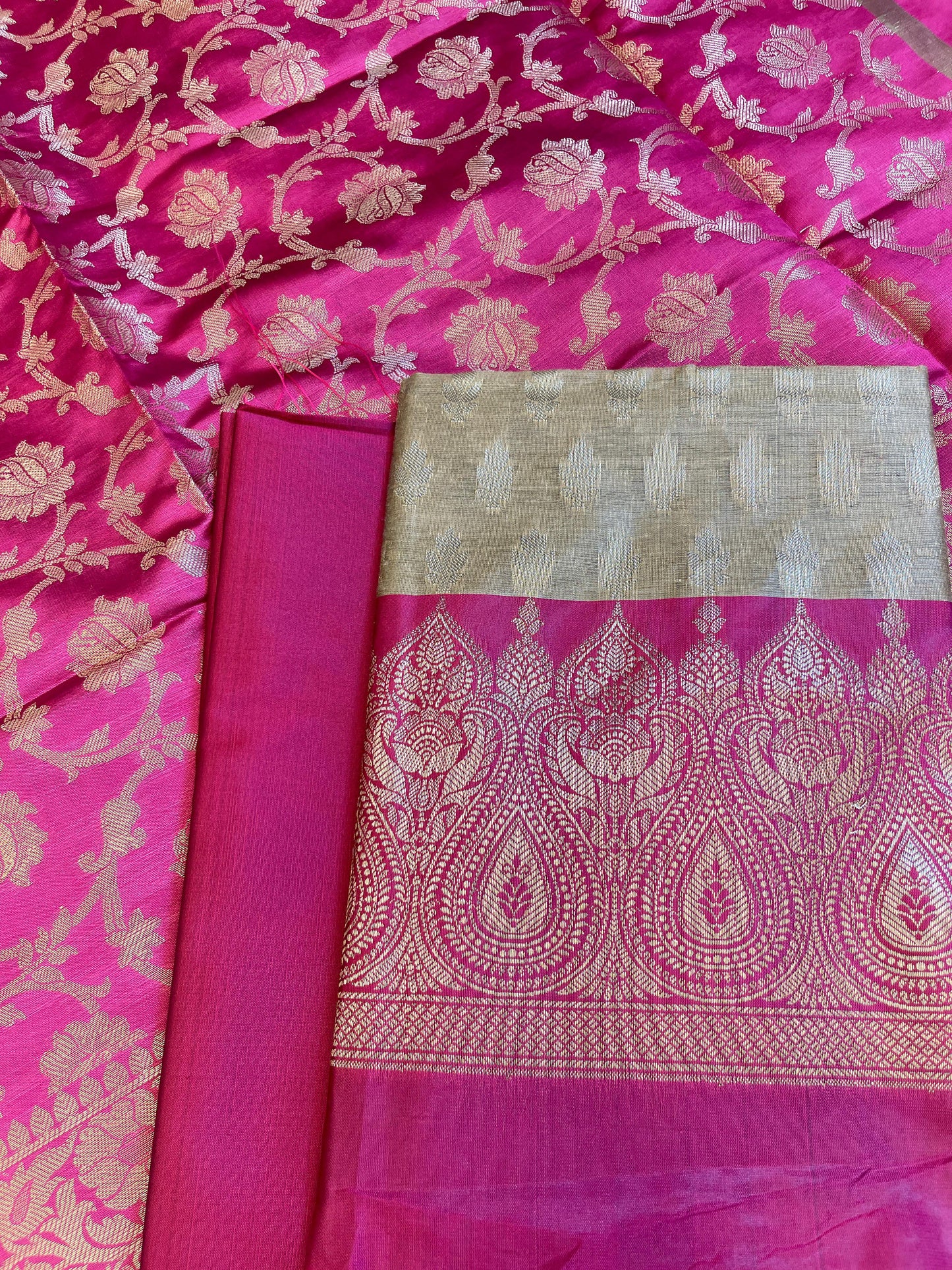 Beige Art Silk Floral Zari Booti Contrast Banarasi Suit with Magenta Dupatta 625AJ_TPT60