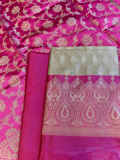 Beige Art Silk Floral Zari Booti Contrast Banarasi Suit with Magenta Dupatta 625AJ_TPT60