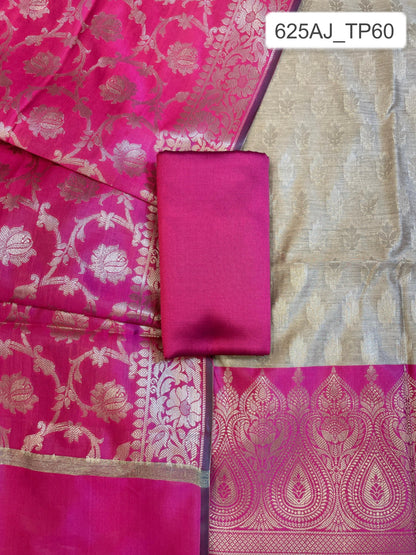 Beige Art Silk Floral Zari Booti Contrast Banarasi Suit with Magenta Dupatta 625AJ_TPT60