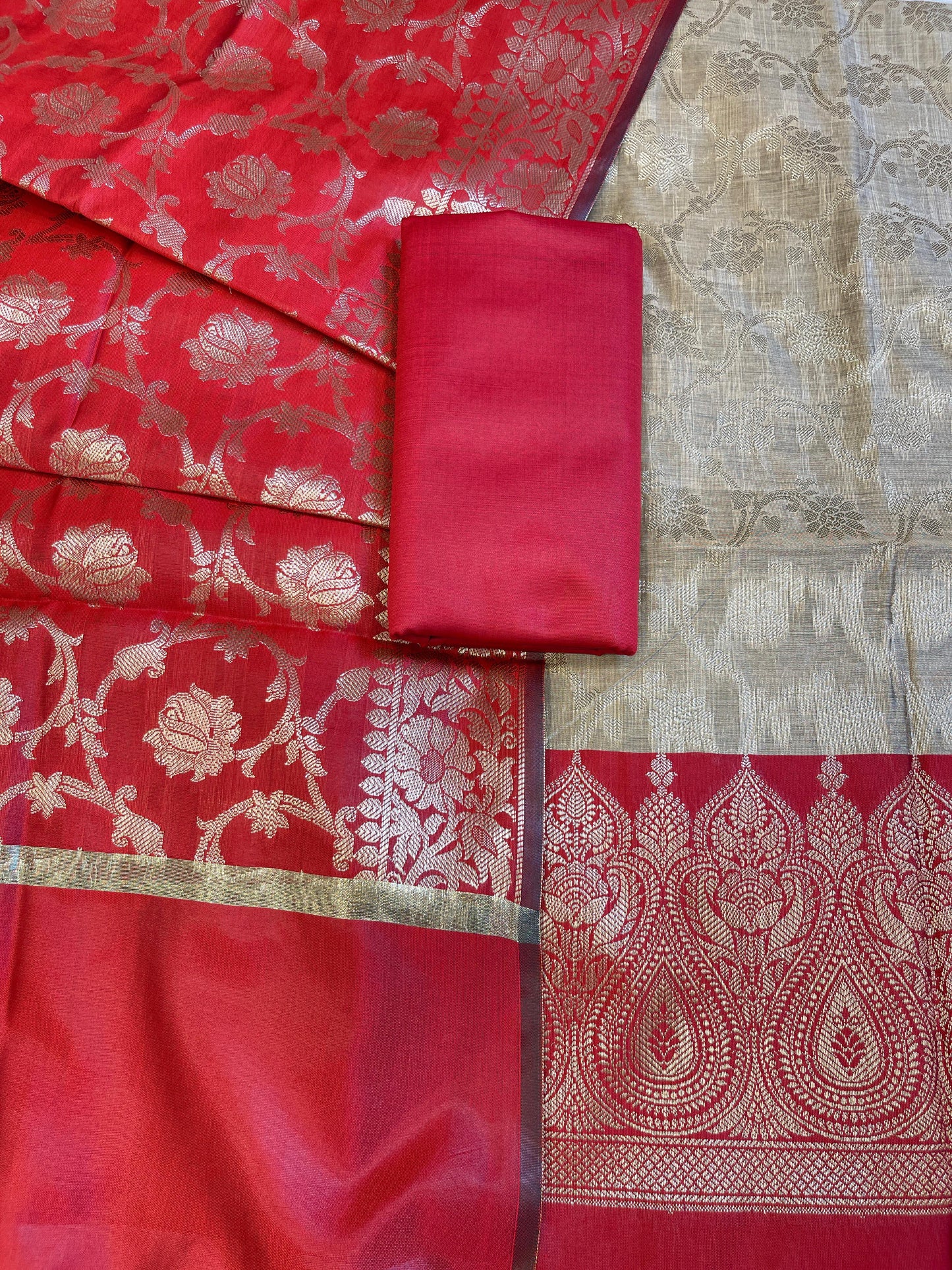 Beige Art Silk Floral Zari Jaal Contrast Banarasi Suit with Red Dupatta 625AJ_TPT61