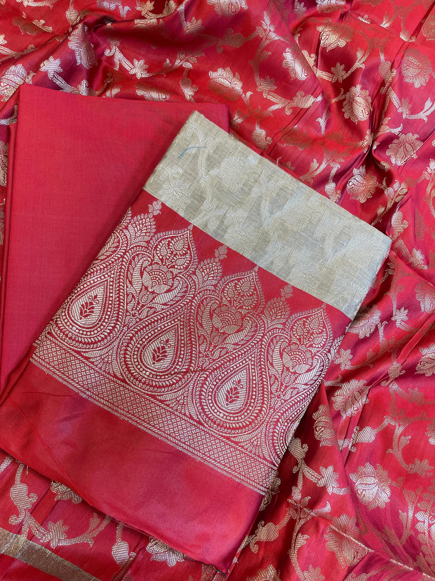 Beige Art Silk Floral Zari Jaal Contrast Banarasi Suit with Red Dupatta 625AJ_TPT61