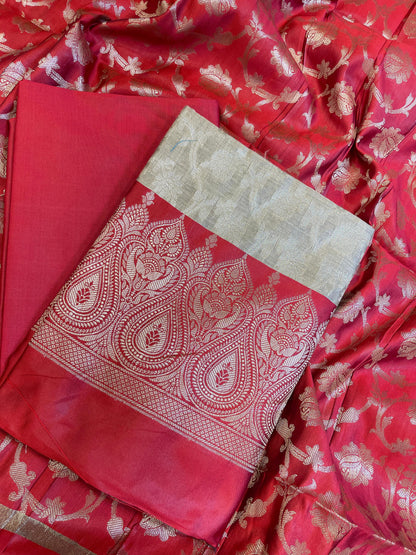 Beige Art Silk Floral Zari Jaal Contrast Banarasi Suit with Red Dupatta 625AJ_TPT61