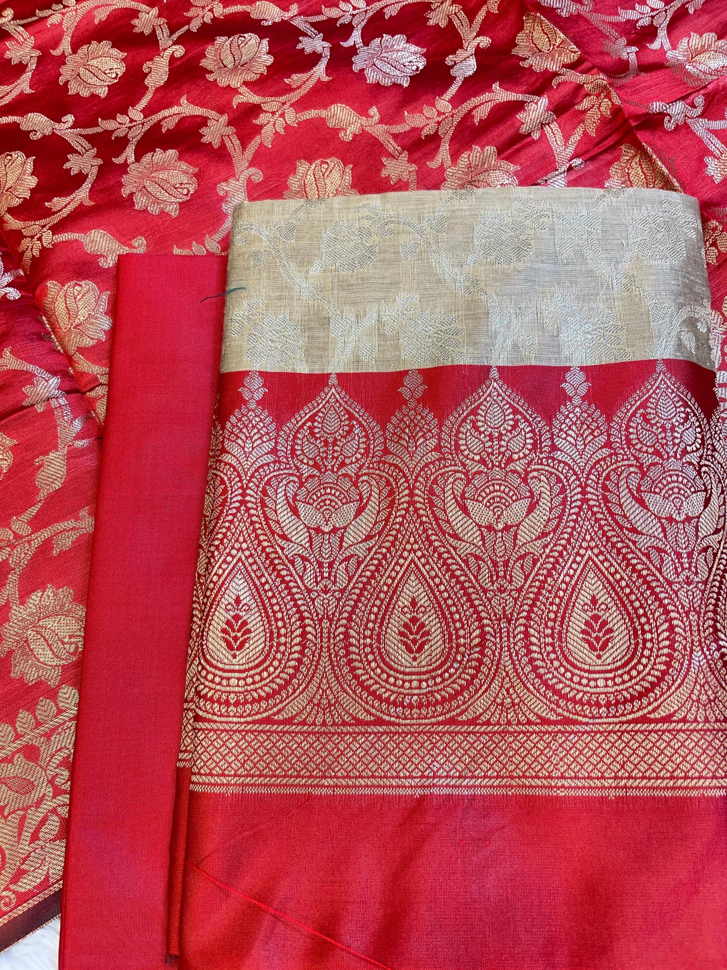 Beige Art Silk Floral Zari Jaal Contrast Banarasi Suit with Red Dupatta 625AJ_TPT61