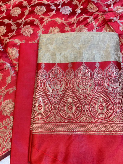 Beige Art Silk Floral Zari Jaal Contrast Banarasi Suit with Red Dupatta 625AJ_TPT61