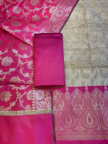 Beige Art Silk Floral Zari Jaal Contrast Banarasi Suit with Magenta Dupatta 625AJ_TPT62