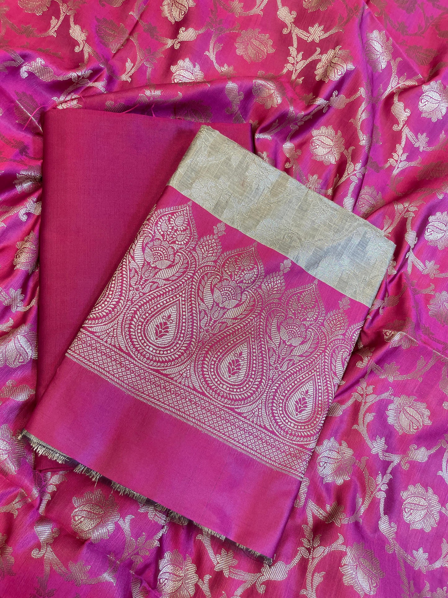 Beige Art Silk Floral Zari Jaal Contrast Banarasi Suit with Magenta Dupatta 625AJ_TPT62