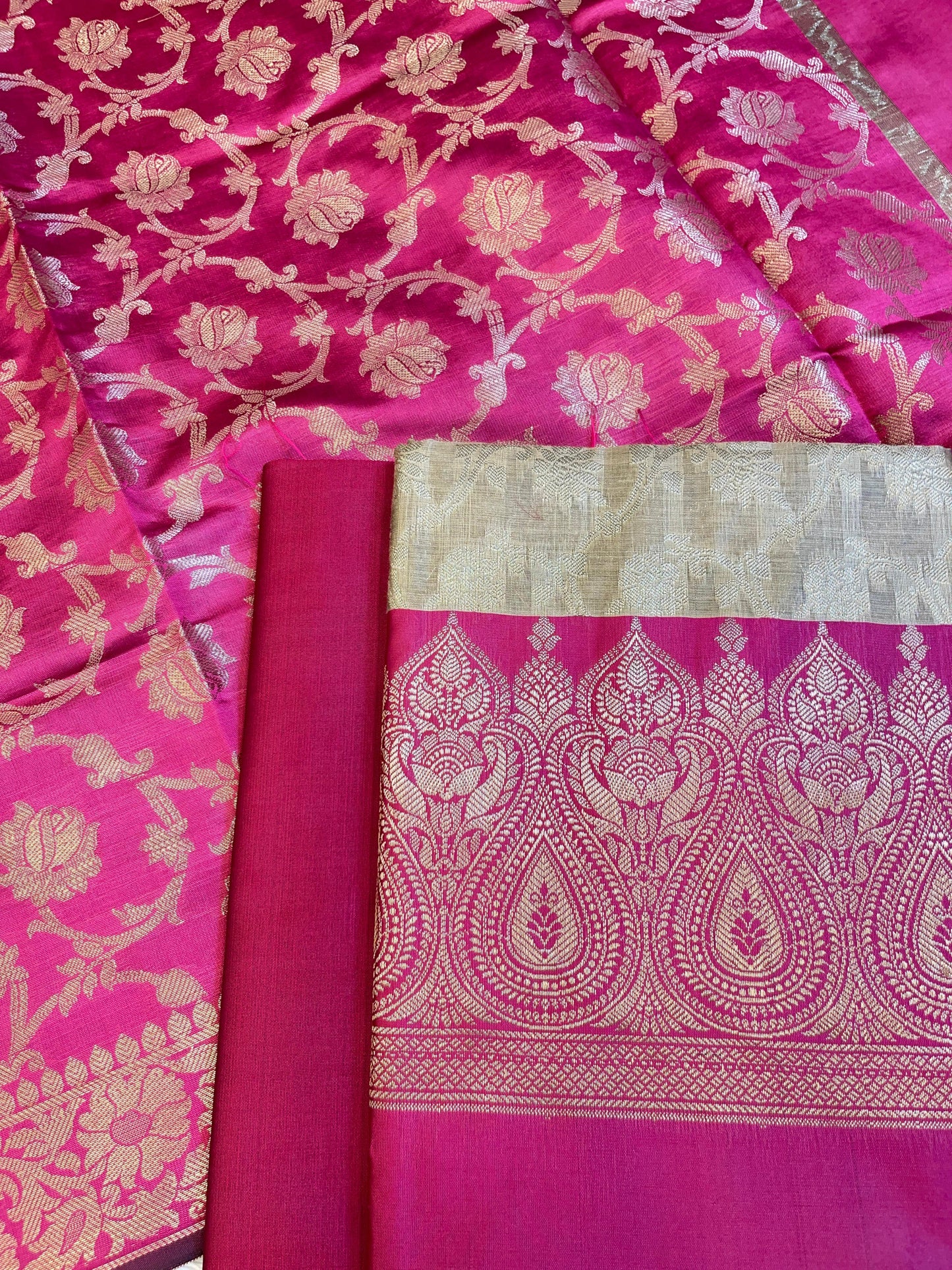 Beige Art Silk Floral Zari Jaal Contrast Banarasi Suit with Magenta Dupatta 625AJ_TPT62