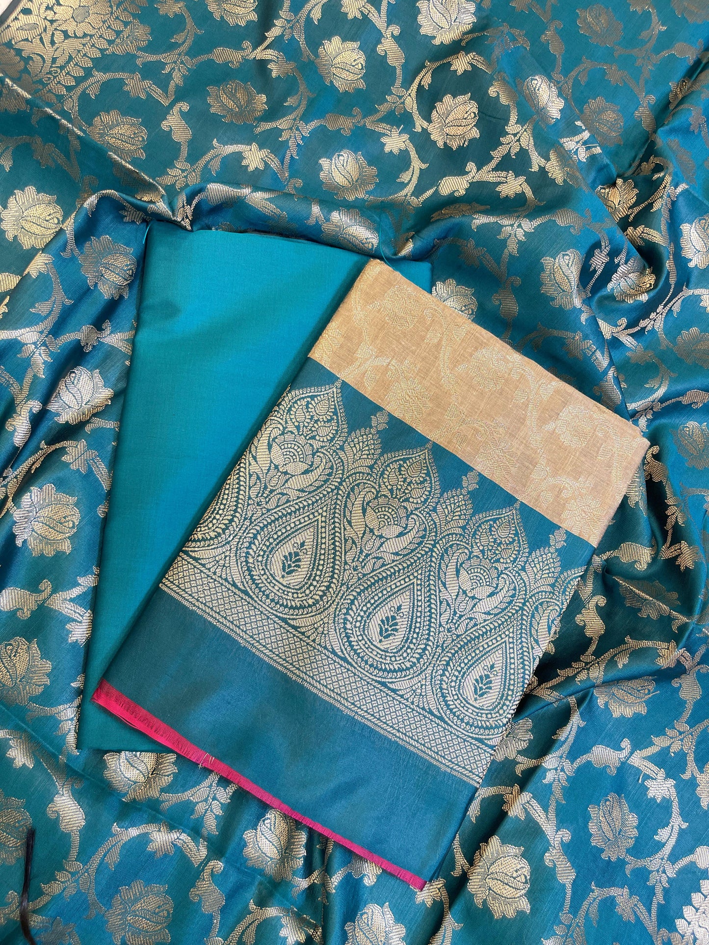 Beige Art Silk Floral Zari Jaal Contrast Banarasi Suit with Seagreen Dupatta 625AJ_TPT63