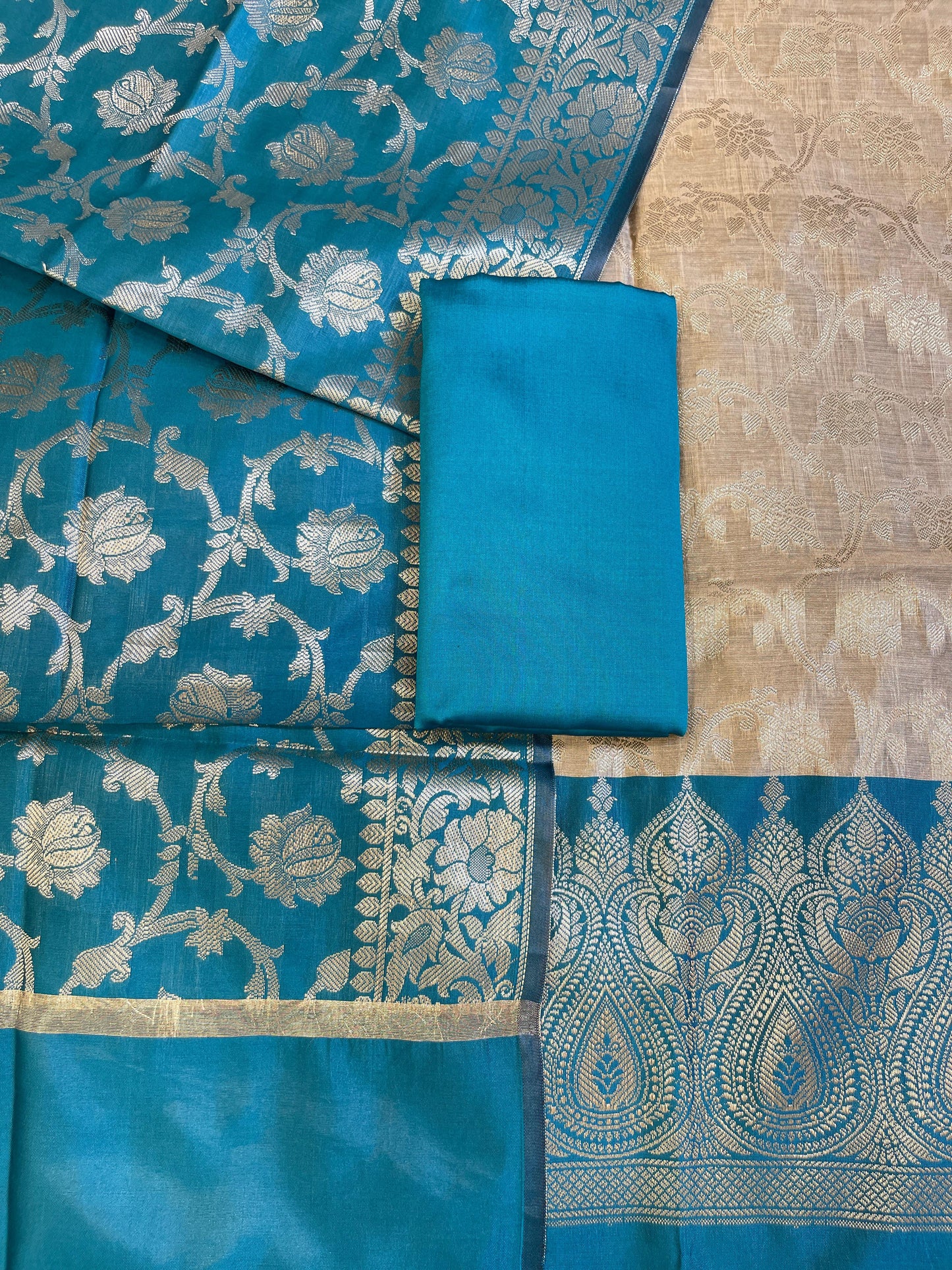 Beige Art Silk Floral Zari Jaal Contrast Banarasi Suit with Seagreen Dupatta 625AJ_TPT63