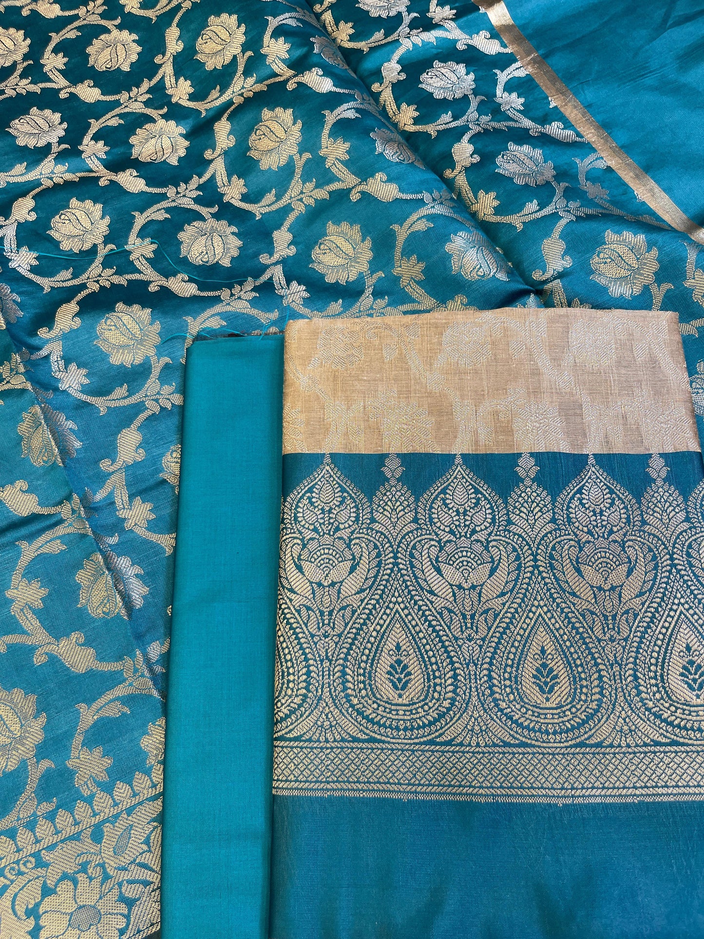 Beige Art Silk Floral Zari Jaal Contrast Banarasi Suit with Seagreen Dupatta 625AJ_TPT63