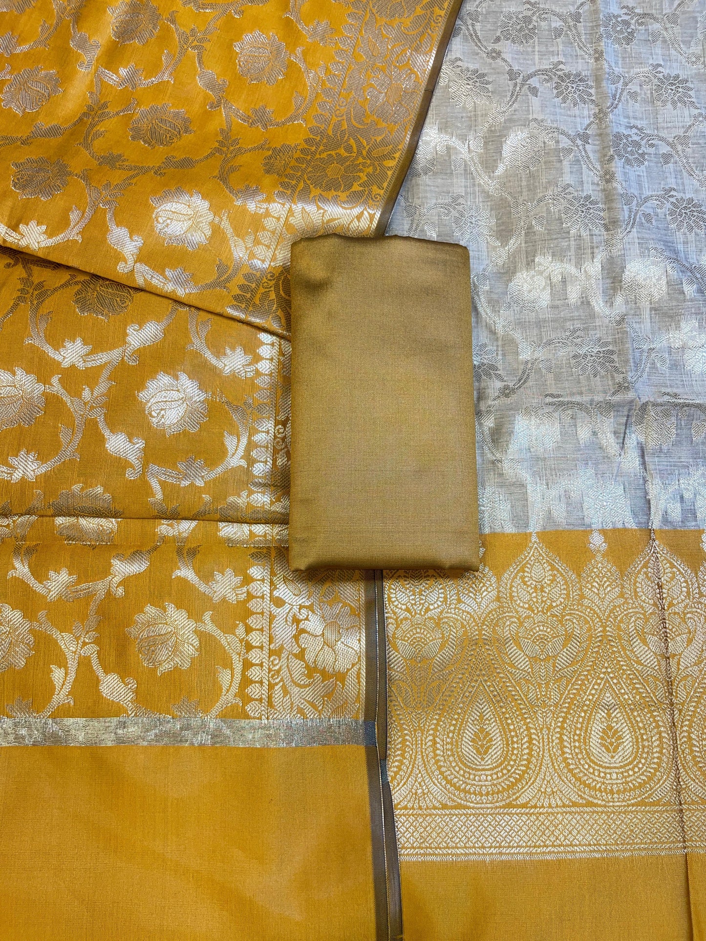 Beige Art Silk Floral Zari Jaal Contrast Banarasi Suit with Mustard Yellow Dupatta