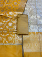 Beige Art Silk Floral Zari Jaal Contrast Banarasi Suit with Mustard Yellow Dupatta