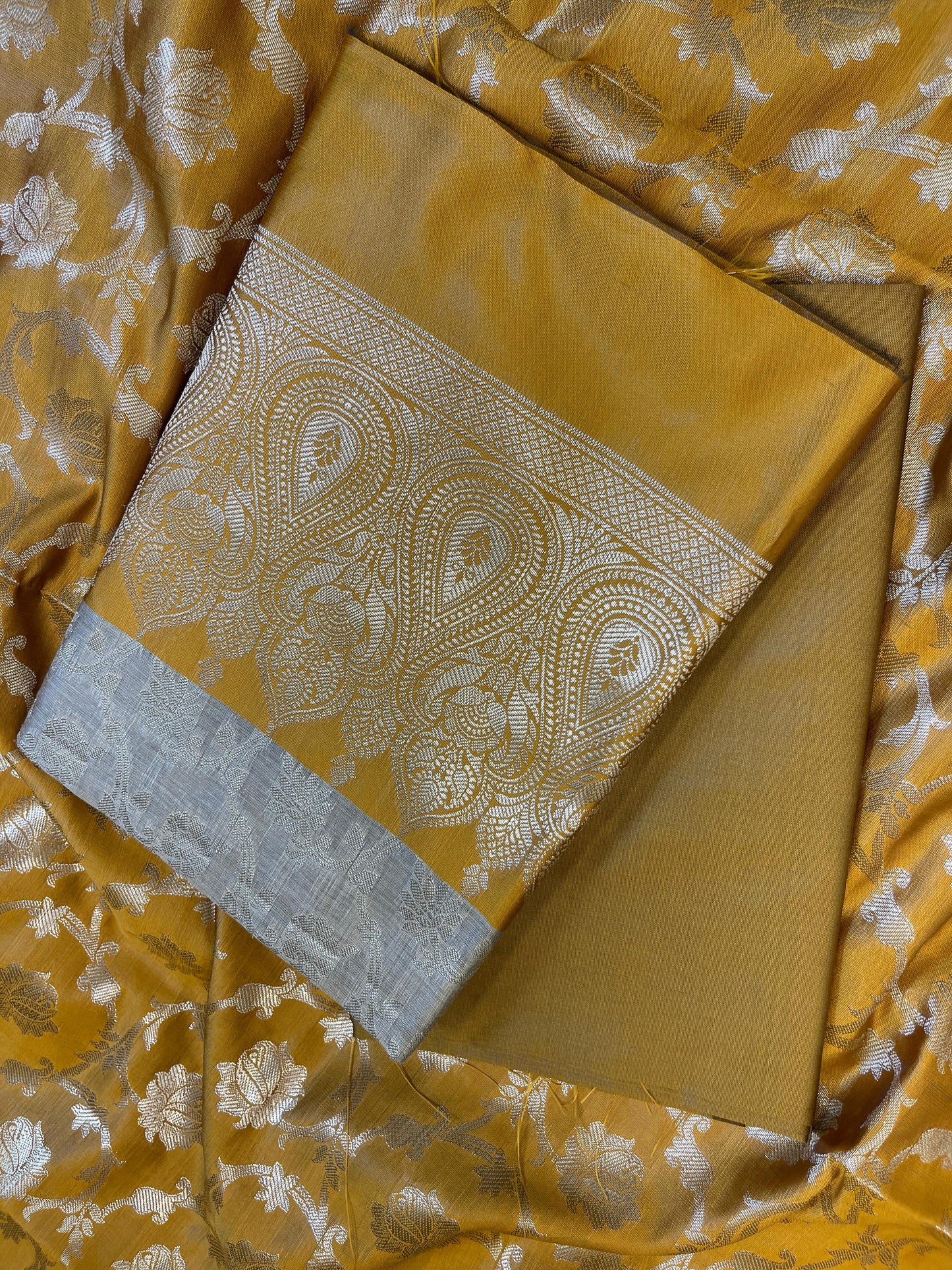 Beige Art Silk Floral Zari Jaal Contrast Banarasi Suit with Mustard Yellow Dupatta